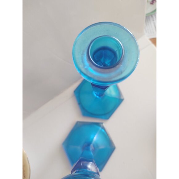Vintage Fenton Celeste Blue Stretch Glass Candle holders(2) Model 449 - Picture 5 of 14